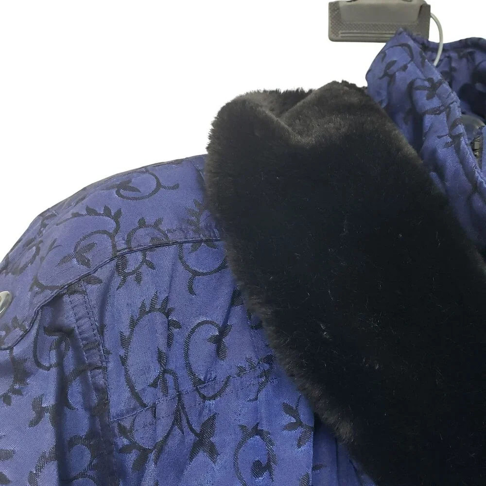 Vintage Nils Down Fill Ski Jacket Winter Coat Fur Trim Blue Jacquard Print Retro - Picture 8 of 16